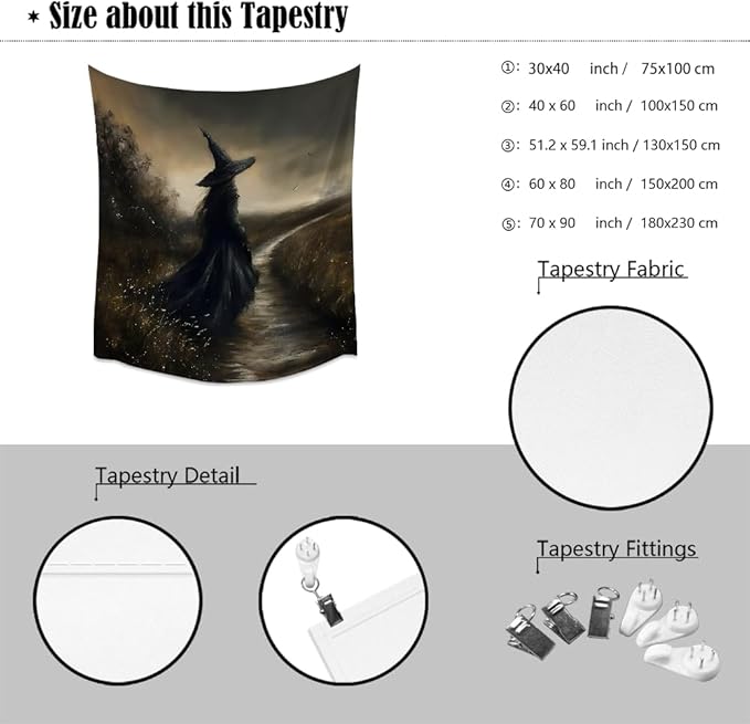 Mystic Gothic Tapestry Witchy Halloween Decor Vintage Dark Academia Bedroom Tapestries Retro Art Aesthetic Wall Tapestry for Bedroom Dorm Living Room white