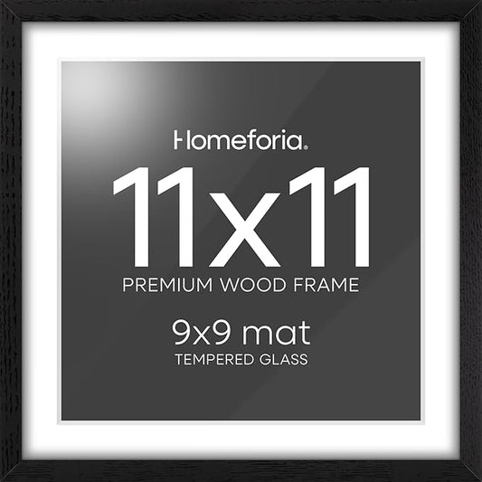 Homeforia 11x11 Black Wood Frame, High-End Oak 11 x 11 Square Picture Frames with Mat 9 by 9 inch Photo, 11by11 Wooden Frame Matted to 9x9 Art, Wall Hanging Frames, Tempered Glass, Wall Kit, Set of 1