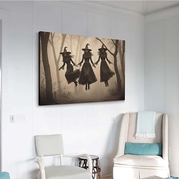 JFHCQJPK Three ghost witches flying in vintage forest gothic wall art witchcraft decoration holiday gift canvas wall art print12x16in Frameless
