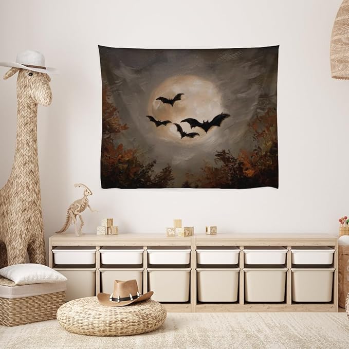 Spooky Halloween Bats Dark Academia Full Moon Autumn Leaves Wall Hanging Vintage Haunted Home Artwork Gothic Witchy Ghost Tapestries for bedroom Living Room Decor 70x90inch
