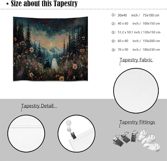 Whimsical Halloween Tapestry Wall Hanging Ghost and Black Cat in Magical Forest Wildflowers Meadow Tapestry Art Print Charming Spooky Fall Season Tapestries for Living Room Bedroom Decor 70x90inch