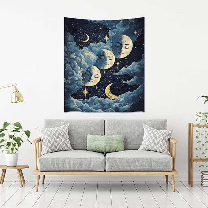 Blue Moon Faces Tapestry Celestial Wall Art Dark Academia Aesthetic Print Stars Clouds Tapestries Wall Hanging whimsical Gothic Home Decor for Bedroom Living Room 70x90inch