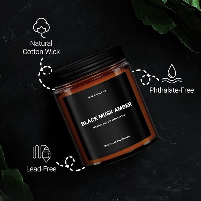 1OAK Black Musk Amber Candle - Soy Wax Scented Candle for Men - 7oz, Long Burning, Masculine - Premium Gift Option