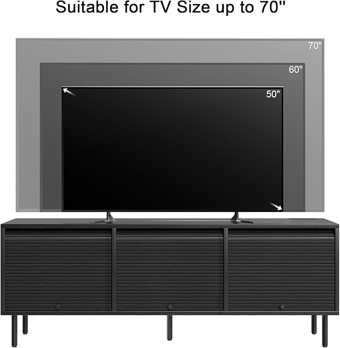 59 Inch TV Stand with Power Outlet for TVs up to 65 Inch, Entertainment Center with Storage, Mid-Century Modern TV Console, Adjustable Shelf & Sliding Doors, TV Stand for Living Room, Bedroom, Black