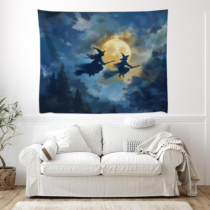 Spooky Halloween Witch Tapestry Wall Hanging Dark Fantasy Night Sky Aesthetic Print Flying Witches Under Full Moon Tapestries Horror Ghost Halloween Party Decor for Living Room Bedroom 30x40inch