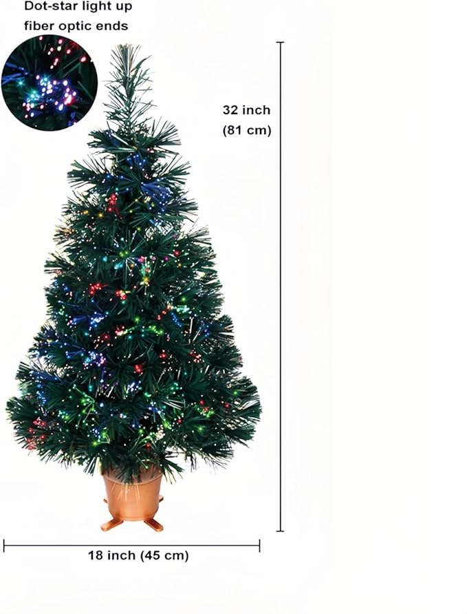 32 inch Green Pre-lit Small Fiber Optic Christmas Tabletop Tree with Gold Pot and Adaptor