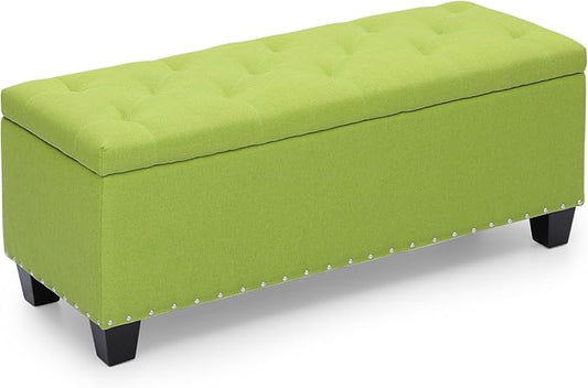 MoNiBloom 42 Inch Long Bench with Storage, Modern 40L Inner Space Green Linen Foot Stool for Bedroom, Upholstered Padded Rectangular Fabric Tufted Bench Footrest with Wood Legs with 660 Lbs Capacity