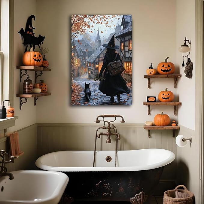 Autumn Witch And Black Cat Picture Wall Decor,Halloween Canvas Vintage Rustic Wall Art,Preppy Bedroom Living Room Bathroom Poster Print,12"x18" Framed