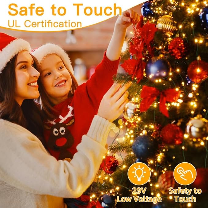 Ollny 198 FT 600 LED Outdoor Waterproof Plug in Christmas Tree Lights with 8 Modes Remote Timer, String Lights for House Yard Outside Indoor Xmas Decorations Warm White