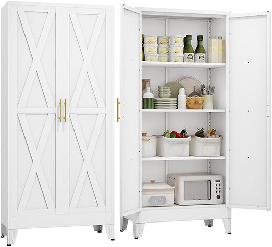 61" H Metal Kitchen Pantry Storage Cabinet, Freestanding Cupboard with 2 Doors and 3 Adjustable Shelves, Standing Storage for Kitchen, Bathroom, Garage, Dinning Room or Utility Room（White）