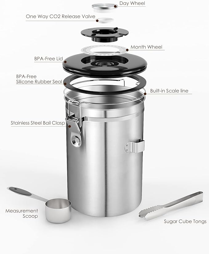Airtight Coffee Canister, HAIOOU 22OZ Large Stainless Steel Coffee Bean Storage Container with Date Tracker, Measuring Scoop, 6Pcs CO2 Valves and Mini Tongs for Beans, Grounds, Sugar and more - Silver