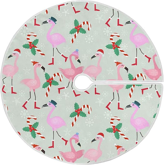 Christmas Flamingo Candy Tree Skirt, Seasonal Tree Mat Holiday Party Supplies Ornaments Indoor Outdoor Decorations for Tabletop Trees 35.4 Inches