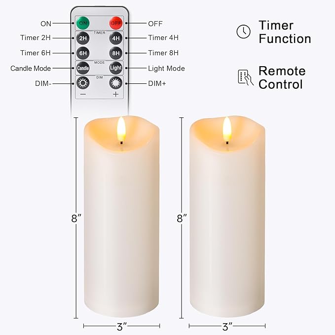 Outdoor Flameless Candles with Remote Timer - Waterproof Realistic Tall Flickering LED Electric Battery Operated Fake Candle for Holiday Home Wedding Fireplace Decor - Ivory White 2 Pack (8"8")