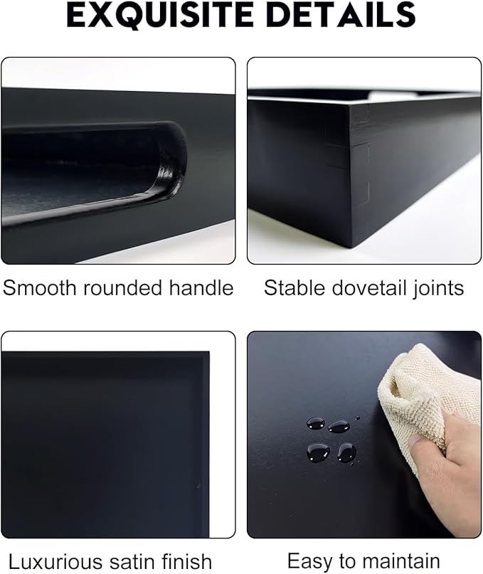 22 Inches Square Wood Ottoman Tray Black, Extra Large Wooden Serving Tray with Handles for Living Room, Serving Food Breakfast, Ottoman Coffee Table Couch Sofa Kitchen