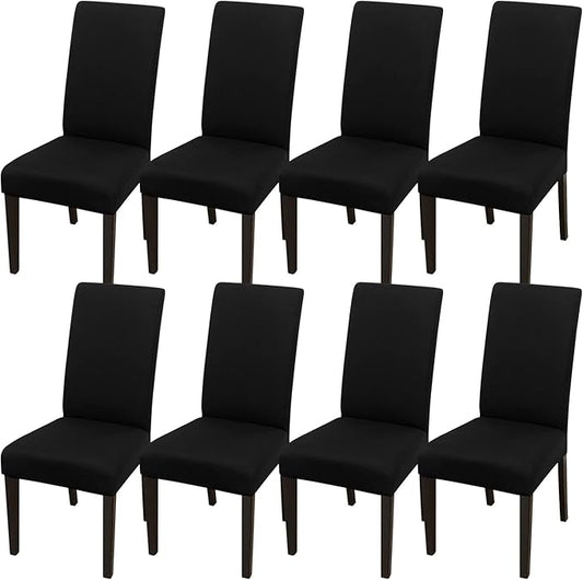JQinHome Dining Room Chair Covers Set of 8, High Stretch Chair Slipcover Removable Washable Chair Seat Protector Cover for Home Party Hotel Wedding Ceremony (Black)
