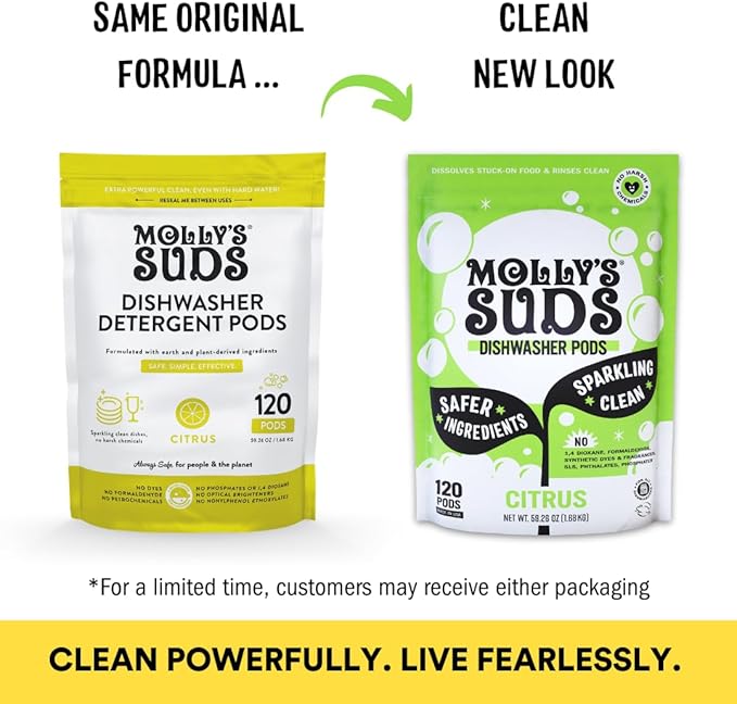 Molly's Suds Dishwasher Pods | Clean Dishwasher Detergent, Cuts Grease & Rinses Clean (Residue-Free) for Sparkling Dishes | 120 Auto-Release Tabs (Citrus)