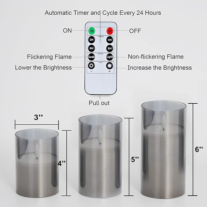 Amagic Grey Glass Flameless Candles, Halloween Battery Operated Candles, LED Pillar Candles with Remote Control and Timer, Electric Fake Candles for Holiday Spooky Decor, Wax, D3 H4 5" 6", Set of 3