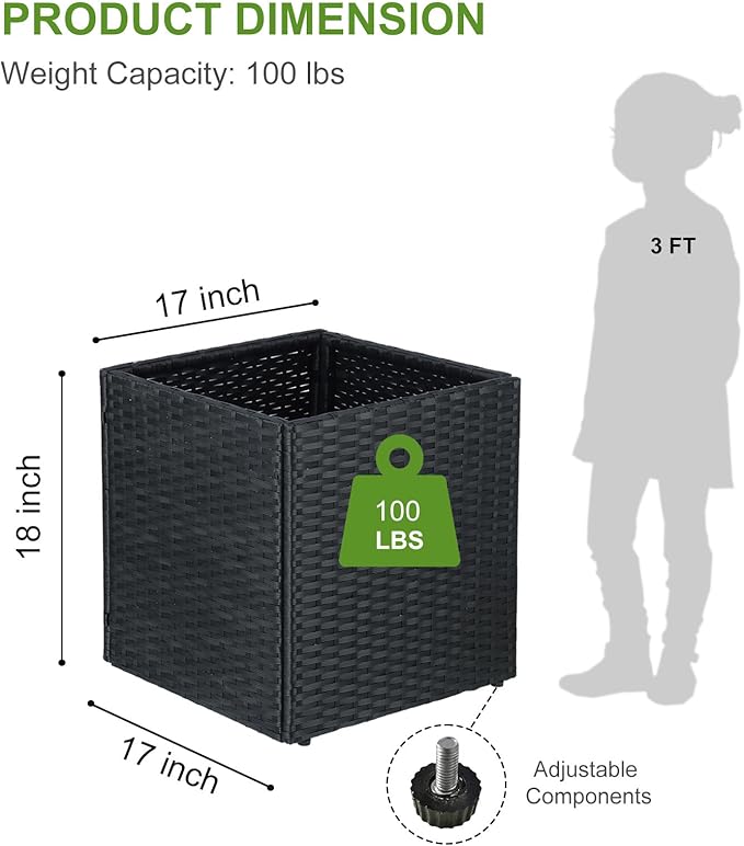 LEWIS&WAYNE Large Square Planter Box Handmade Wicker Tall Planters for Outdoor Plants with Removable Liners Modern Planter for Indoor Outdoor Garden Patio Front Porch - Black, 17''x17''x18''