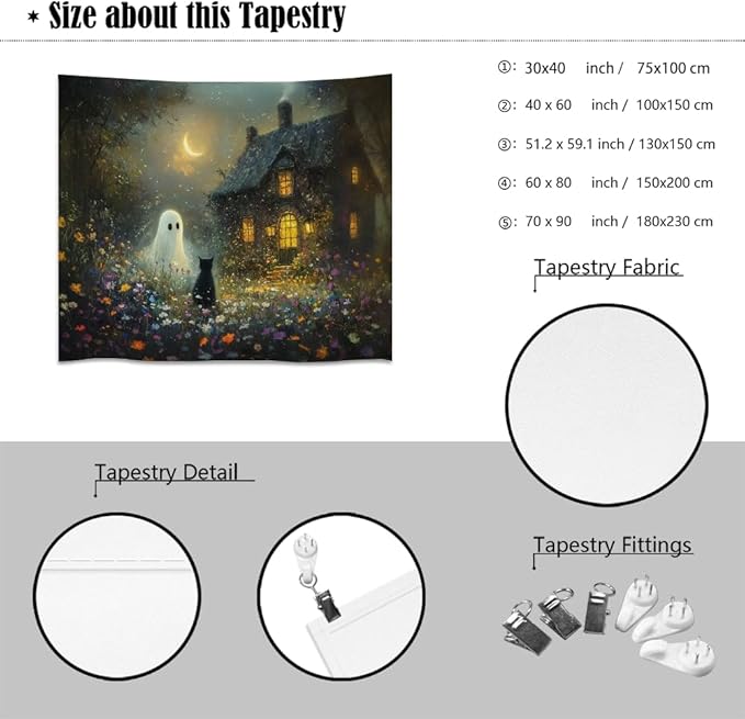Halloween Black Cat and Ghost Tapestry Wall Hanging for Spooky Cute Bedroom Decor Dark Academia Moon Wildflower Cottage Tapestries Aesthetic for Home Living Room Decoration 70x90inch