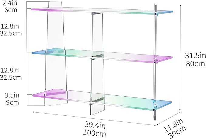 Acrylic Bookshelf, Small 3 Tier Open Bookcase for Small Spaces,Sofa Table, Hallway Entry Table for Home Living Room (Iridescent, 39.4" x 11.8" x 31.5)