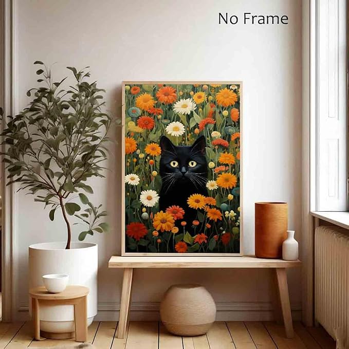 Vlolvfe Black Cat Wall Art Colorful Flower Pictures Funny Cat Painting Green Plant Pictures Colorful Wildflowers Wall Art Cute Animals Floral Picture Aesthetic Living Room Decor 16x24inch No Frame