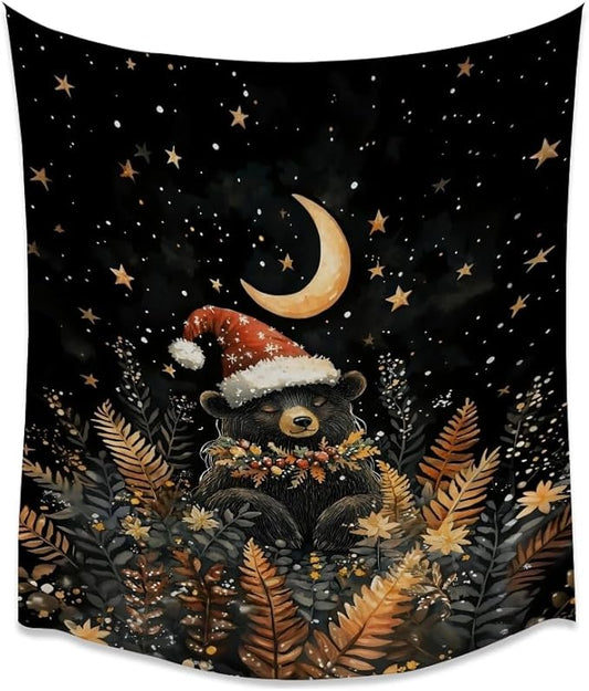 Whimsical Christmas Tapestry Moon Stars Dark Aesthetic Wall Hanging Decor Cute Bear Tapestries for Kids Room Decoration Funny Christmas wall art for Bedroom Dorm Living Room 30x40inch