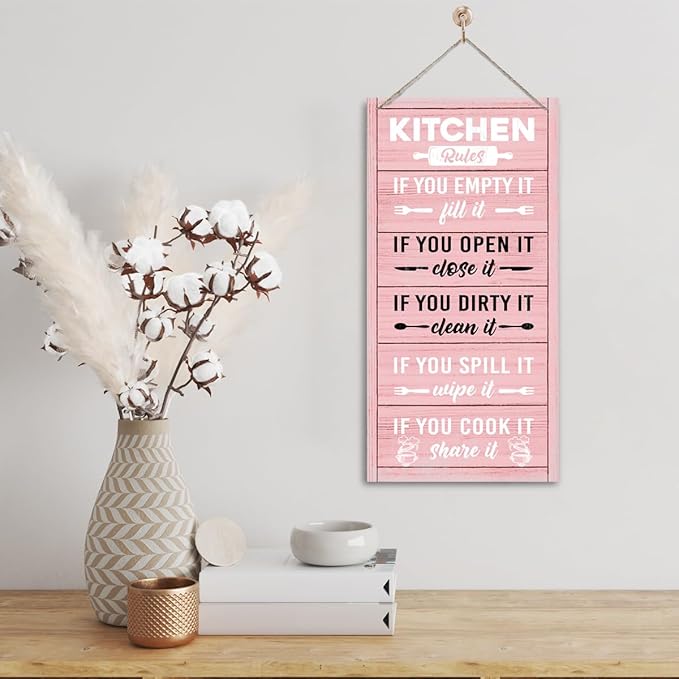 Hanging Kitchen Rules Wood Decor Sign, Rustic Kitchen Wooden Signs, Printed Wood Wall Art Sign, Kitchen Door Rules Rustic Sign, Hanging Wood Sign Kitchen Decor, Funny Farmhouse Kitchen Wall Décor F1