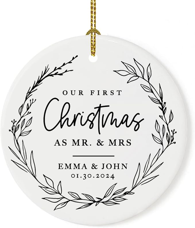 Andaz Press Personalized Our First Christmas As Mr. & Mrs. 2024 Christmas Ornaments Modern Farmhouse Wreath 2.8" Round Porcelain Ceramic 1st Year Married Custom Ornament Keepsake for Newlyweds 1-Pack