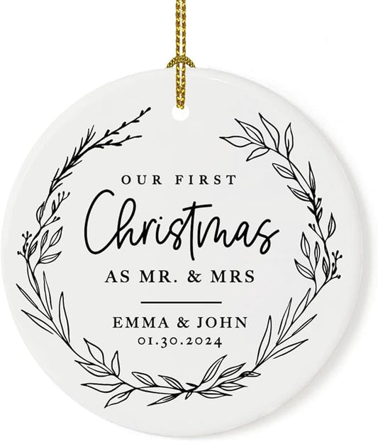 Andaz Press Personalized Our First Christmas As Mr. & Mrs. 2024 Christmas Ornaments Modern Farmhouse Wreath 2.8" Round Porcelain Ceramic 1st Year Married Custom Ornament Keepsake for Newlyweds 1-Pack