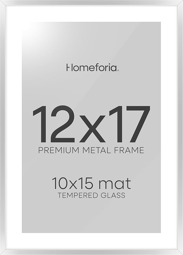 Homeforia 12x17 Picture Frame Silver, High End Metal 12x17 Frames with Mat 10x15 for Photo, 12 x 17 Silver Poster Frame Matted to 10 x 15 Print, 17x12 Hanging Frame, Tempered Glass, Wall Kit, Set of 1