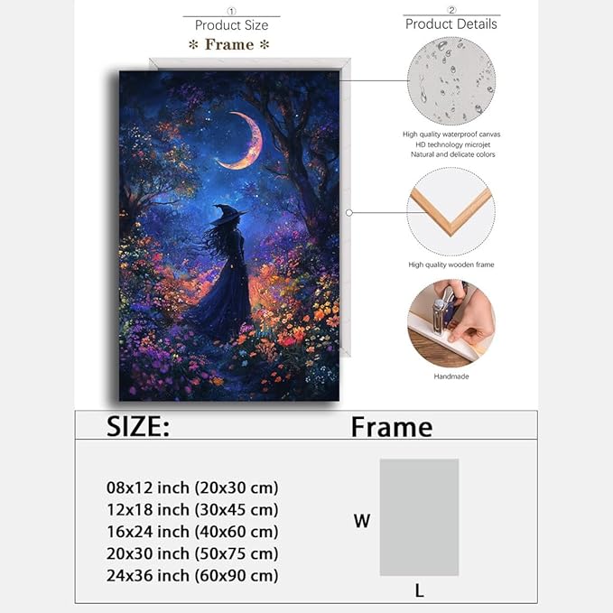 Vintage Halloween Witch Decor Mystic Gothic Wall Art Poster,Enchanting Witch Fall Whimsical Wildflowers Woodland Forest Crescent Moon Picture Art,Creepy Witchy Home Decor,12"x18" Framed