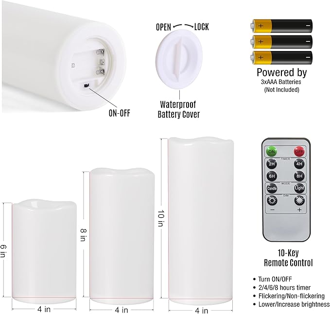 6" 8" 10" x 4" White Large Waterproof Outdoor Flameless Candles Battery Operated LED Flickering Pillar Candles with Remote and Timer for Indoor Outdoor Lanterns, Long Lasting, Set of 3