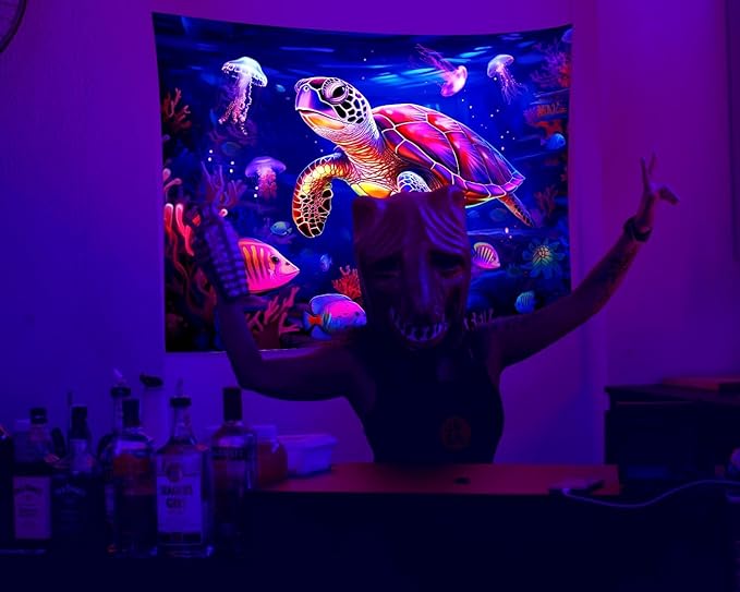QGHOT Turtle Tapestry, Blacklight Ocean Tapestry Wall Hanging Undersea Black Light Poster for Kids Glow in the Dark for Kids Bedroom Children Toddler Room Decor 90x70in