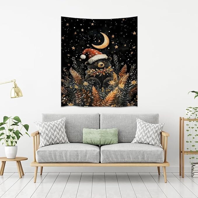 Whimsical Christmas Tapestry Moon Stars Dark Aesthetic Wall Hanging Decor Cute Bear Tapestries for Kids Room Decoration Funny Christmas wall art for Bedroom Dorm Living Room 40x60inch