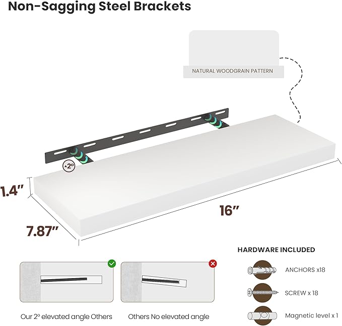 Floating Wood Shelves for Wall 16 Inches x 8”x 1.4” Shelf Floating Home Decor, Heavy Duty Shelf Hold 35 lbs, Wall Shelves for Bathroom Living Room Kitchen Bedroom Office - Set of 2 White