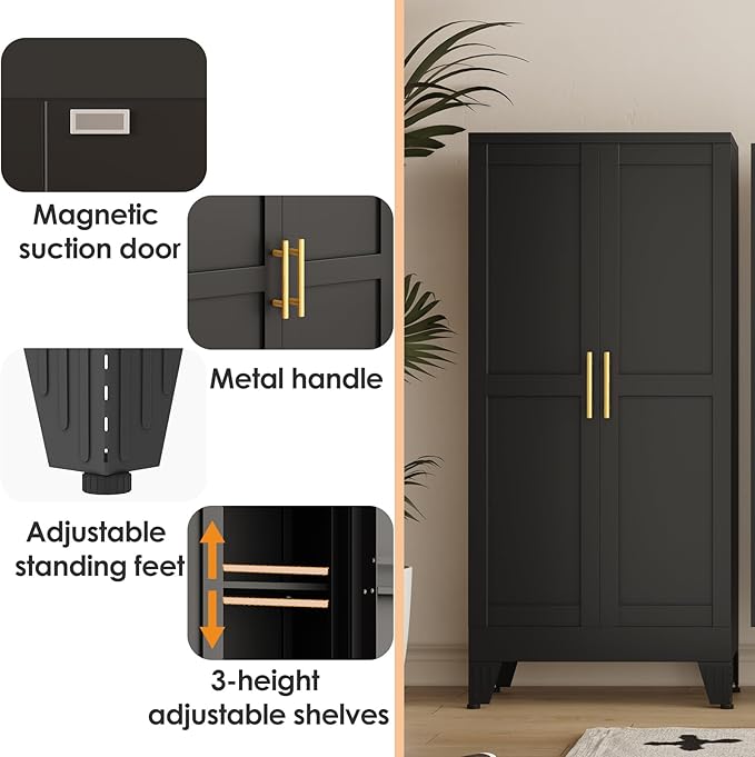 51" Kitchen Pantry Cabinet, Metal Storage Cabinet with 3 Adjustable Layer Shelves, 8 Door Shelves, Buffet Sideboard for Living Room, Kitchen, Black