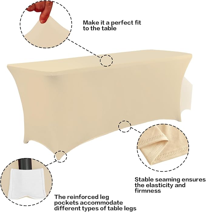 IVAPUPU 2 Pack 6FT Table Cloth for Rectangular Fitted Events Stretch Champagne Table Covers Washable Spandex Tablecloth Protector for Party, Wedding, Cocktail, Banquet, Festival