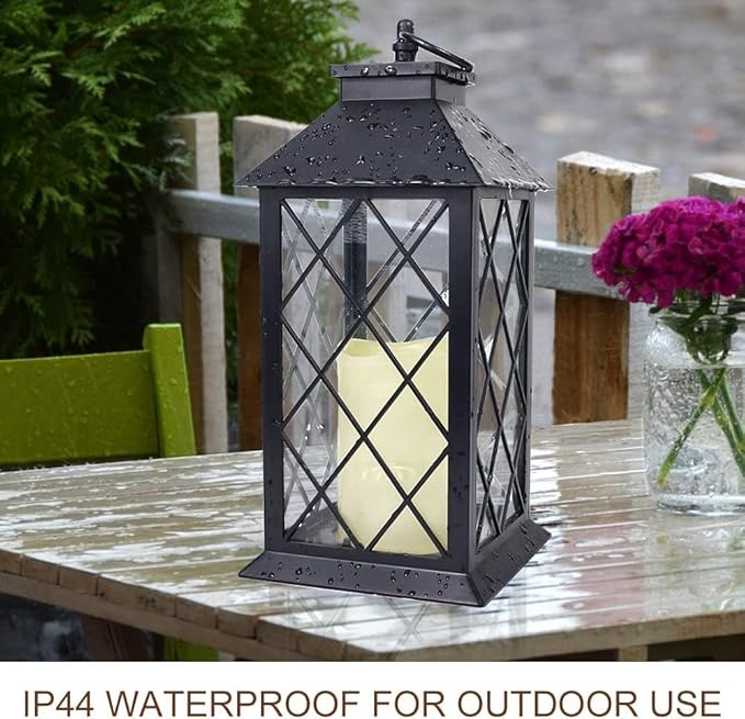 Bright Zeal 2-Pack 13.5" Vintage Candle Lantern with LED Pillar Candle (Black, 6hr Timer) - IP44 Waterproof Battery Powered Candle Lantern - Outdoor Patio Hanging Lantern Decorative Tabletop Lantern