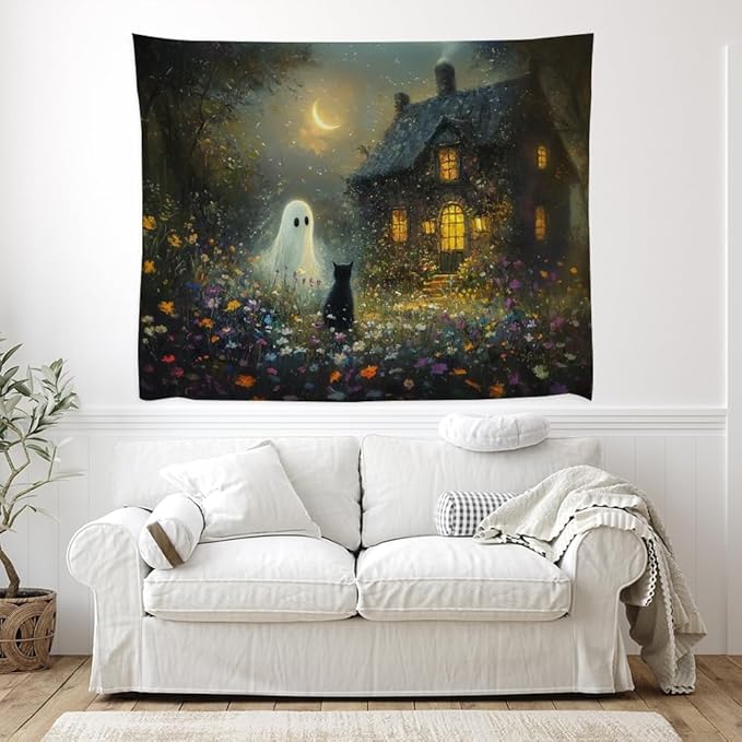 Halloween Black Cat and Ghost Tapestry Wall Hanging for Spooky Cute Bedroom Decor Dark Academia Moon Wildflower Cottage Tapestries Aesthetic for Home Living Room Decoration 40x60inch