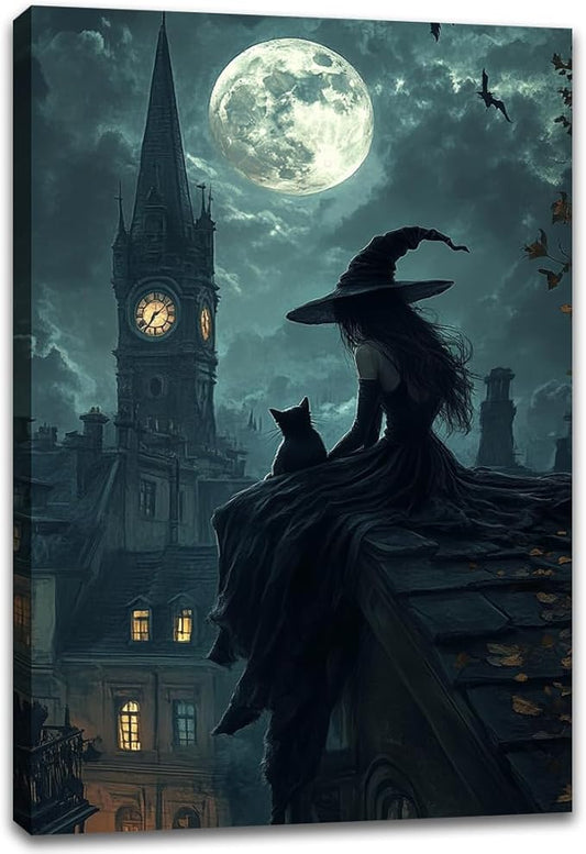Halloween Witch Black Cat Wall Art,Magical Moon Witch on Roof with Black Cat at Night Scene Painting Haunting Dark Witches Canvas Print for Haunted House Party Decor Poster,16"x24" Framed