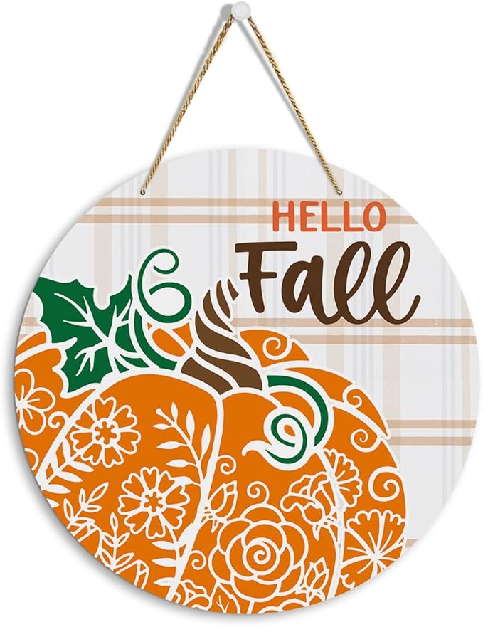 MIGUMUTU Rustic Farmhouse Fall Signs Door Wall Hanging Decor, Fall Room Home Decor, Hey Hello Fall Sign, Fall Sign Autumn Pumpkin Wall Decor Decoration for Home Office 12 X 12 Inch