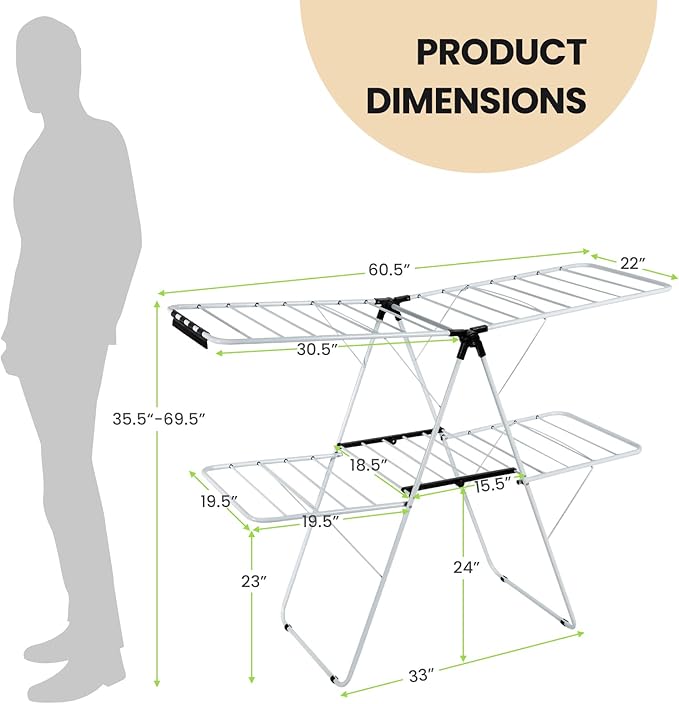 COSTWAY Clothes Drying Rack, Foldable 2-Level Laundry Drying Rack w/Height-Adjustable Wings, 33 Drying Rails & Sock Clips, Standing Large Drying Rack for Clothing, Indoor Outdoor Use