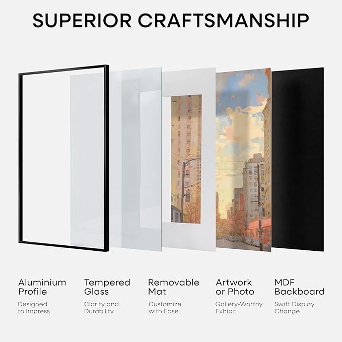 Homeforia 20 x 28 Picture Frame Black, High End Metal 20x28 Poster Frames with Mat 14x22 for Photo, 20 x 28 Black Frame Matted to 14 x 22 Print, 28x20 Hanging Frame, Tempered Glass, Wall Kit, Set of 1