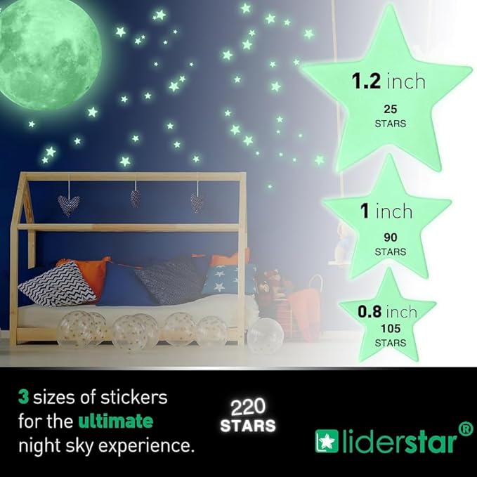 Stars for Ceiling – Glow in The Dark Stars and Moon Wall Decals for Kids Bedroom or Nursery, Luminous Star Stickers for Ceiling, Self-Adhesive Fluorescent Night Sky Decor, Gift for Boys and Girls