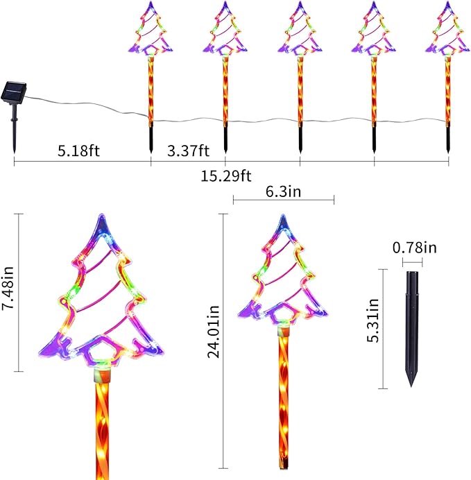 Christmas Solar Pathway Lights Outdoor Decorations， 8 Modes Xmas Tree Candy Lights Waterproof Led Garden Stake Light for Walkway Yard Lawn Porch Holiday Decor 5-Pack (Multicolor Tree, 10 Pack)