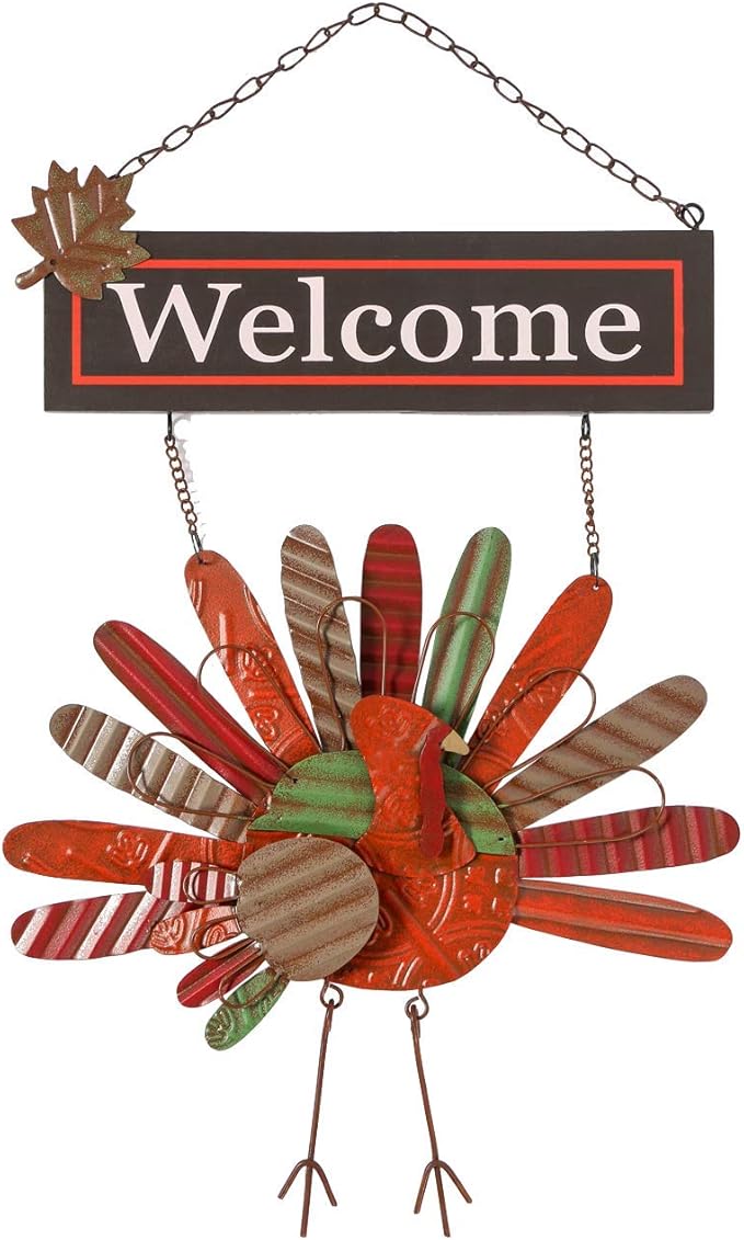 Ogrmar Vintage Metal Thanksgiving Turkey Wall Hanging Decoration Welcome Sign Front Door Ornament Festive Whimsical Halloween Christmas Decor