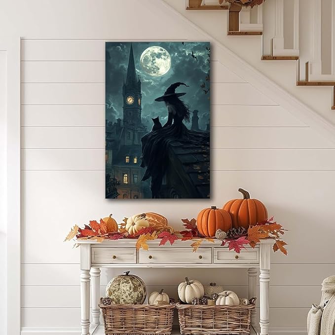 Halloween Witch Black Cat Wall Art,Magical Moon Witch on Roof with Black Cat at Night Scene Painting Haunting Dark Witches Canvas Print for Haunted House Party Decor Poster,8"x12" Framed