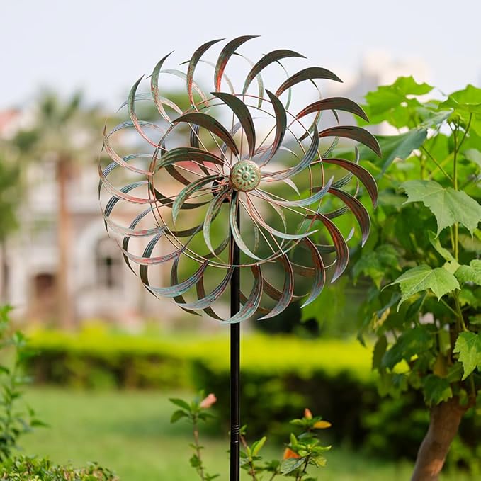 Viveta Large Outdoor Wind Spinner,21 * 85 inches Metal Wind Sculpture with 4 Sturdy Stakes,Green Double Wind Spinners,Decorative Windmill for Yard and Garden
