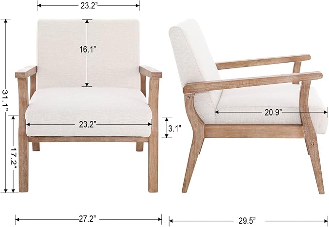 Accent Chair Mid Century Modern Armchair, Linen Upholstered Living Room Accent Armchair with Wood Frame, Farmhouse Chair Indoor Corner Chair for Living Room Bedroom, Ivory