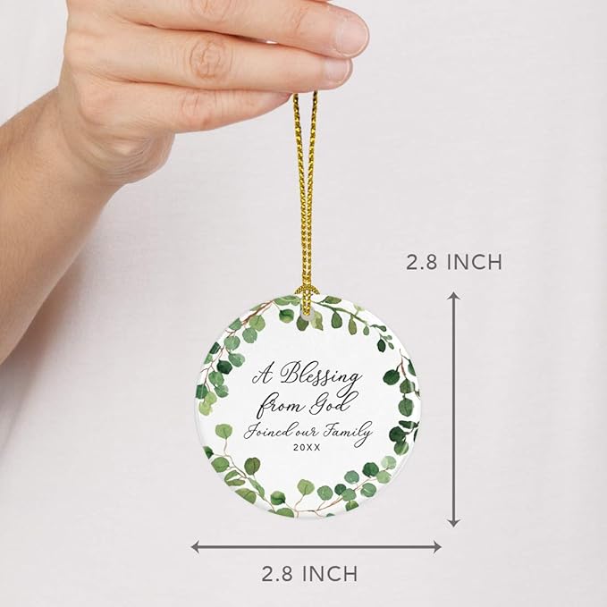 Andaz Press Custom Year Round Ceramic Porcelain Christmas Tree Ornament Keepsake Collectible Gift, A Blessing from God Adopted 2025, Farmhouse Eucalyptus Wreath, 1-Pack
